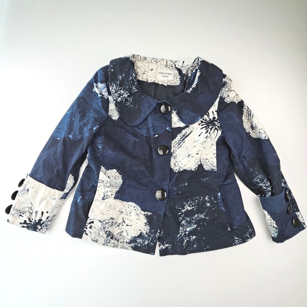 Vintage Charles Gray London Floral Blazer Navy White Y2K Peter Pan Collar M